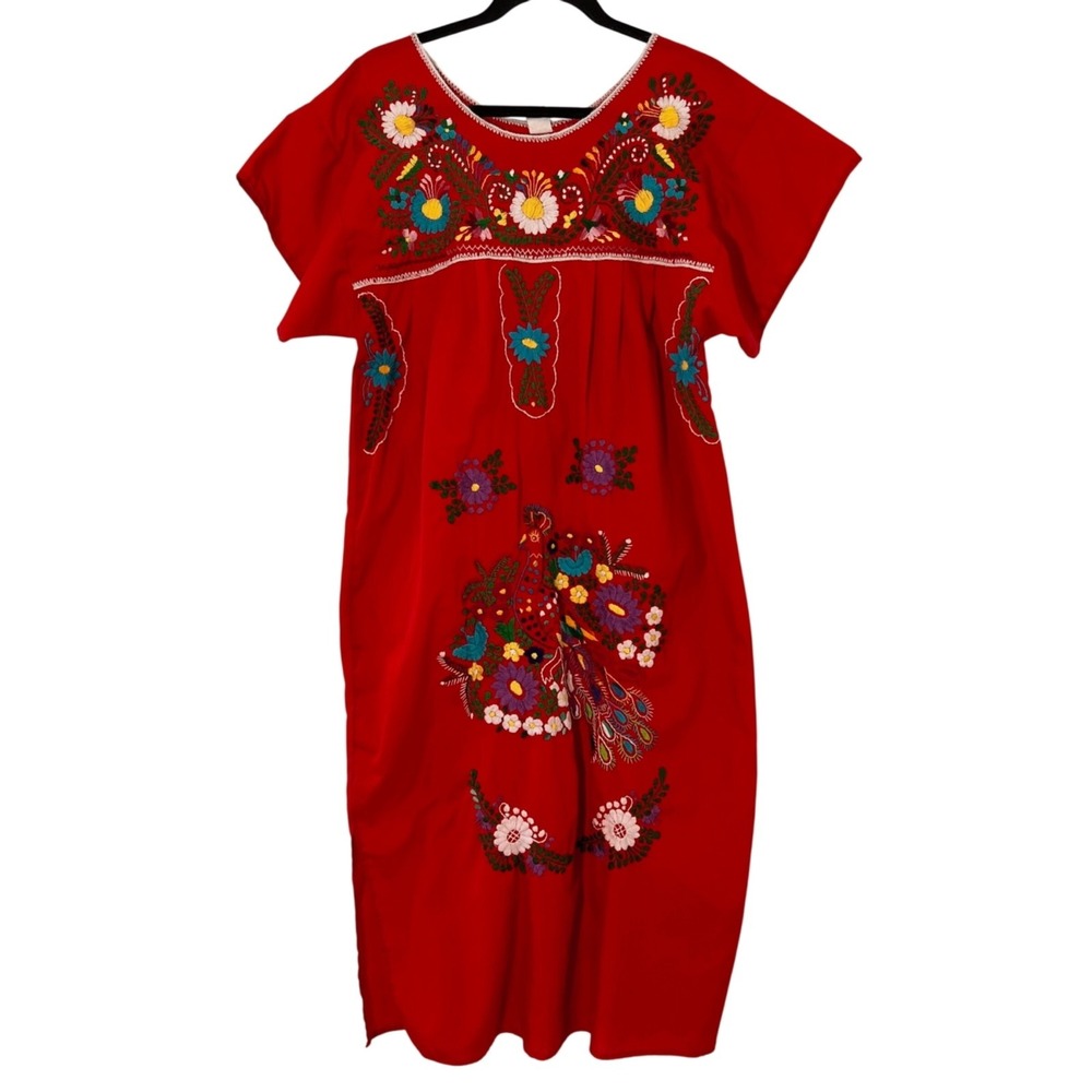Vintage‎ Traditional Mexican Midi Dress Puebla Oaxacan Embroidery Red Flowers M